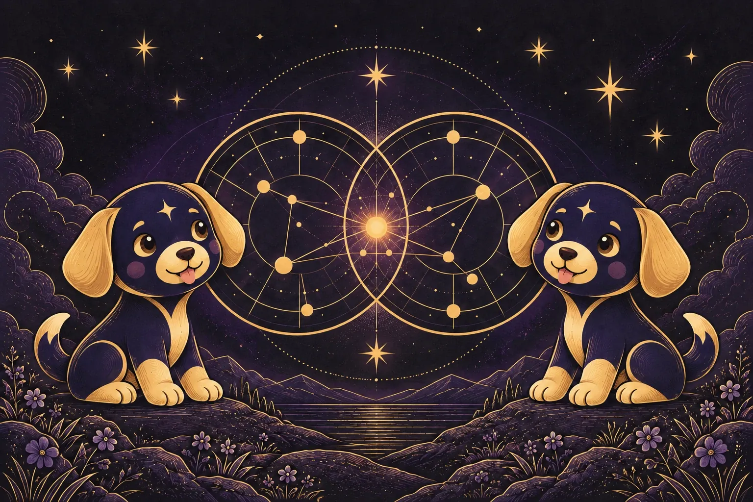 Two star pups sitting on a flowered hillside either side of their two birth charts, overlapping around a golden star