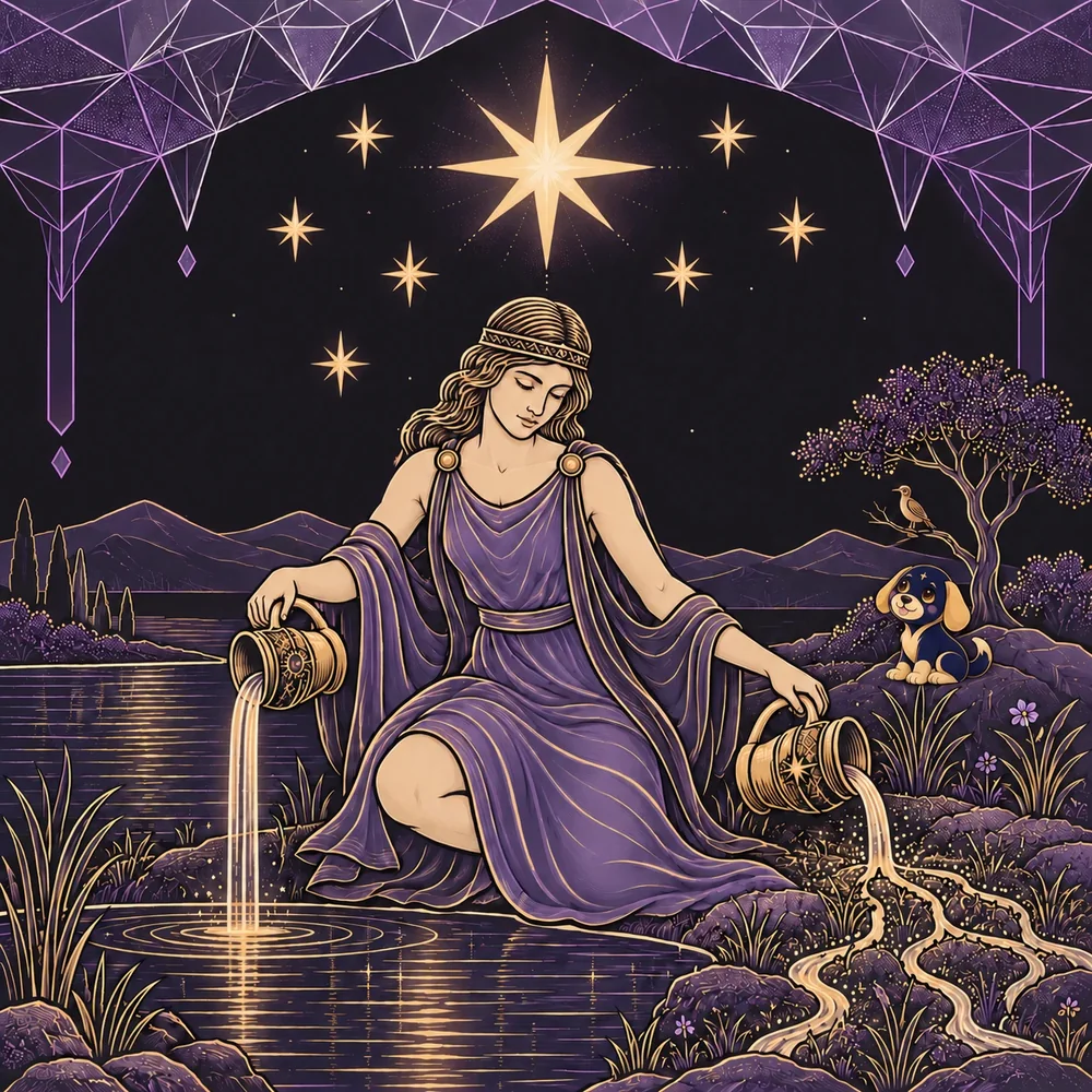 The Star tarot card: a woman pouring water under a great eight-pointed star, with Star Pup beside her
